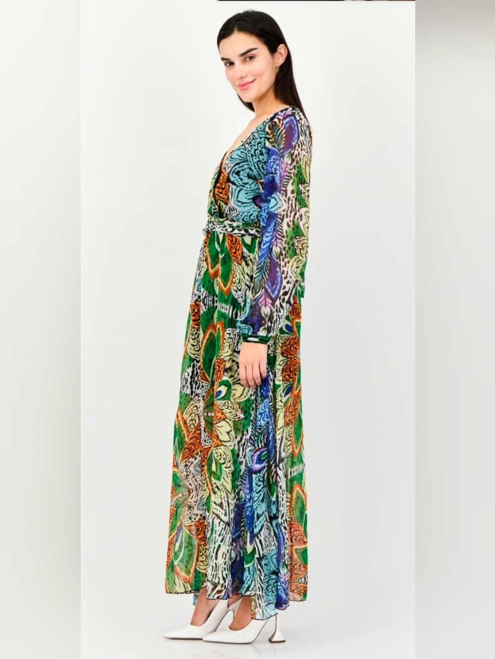 Bandolino Brand Women Allover Print Belted Maxi Dress, Multicolor Size L - Picture 3 of 6